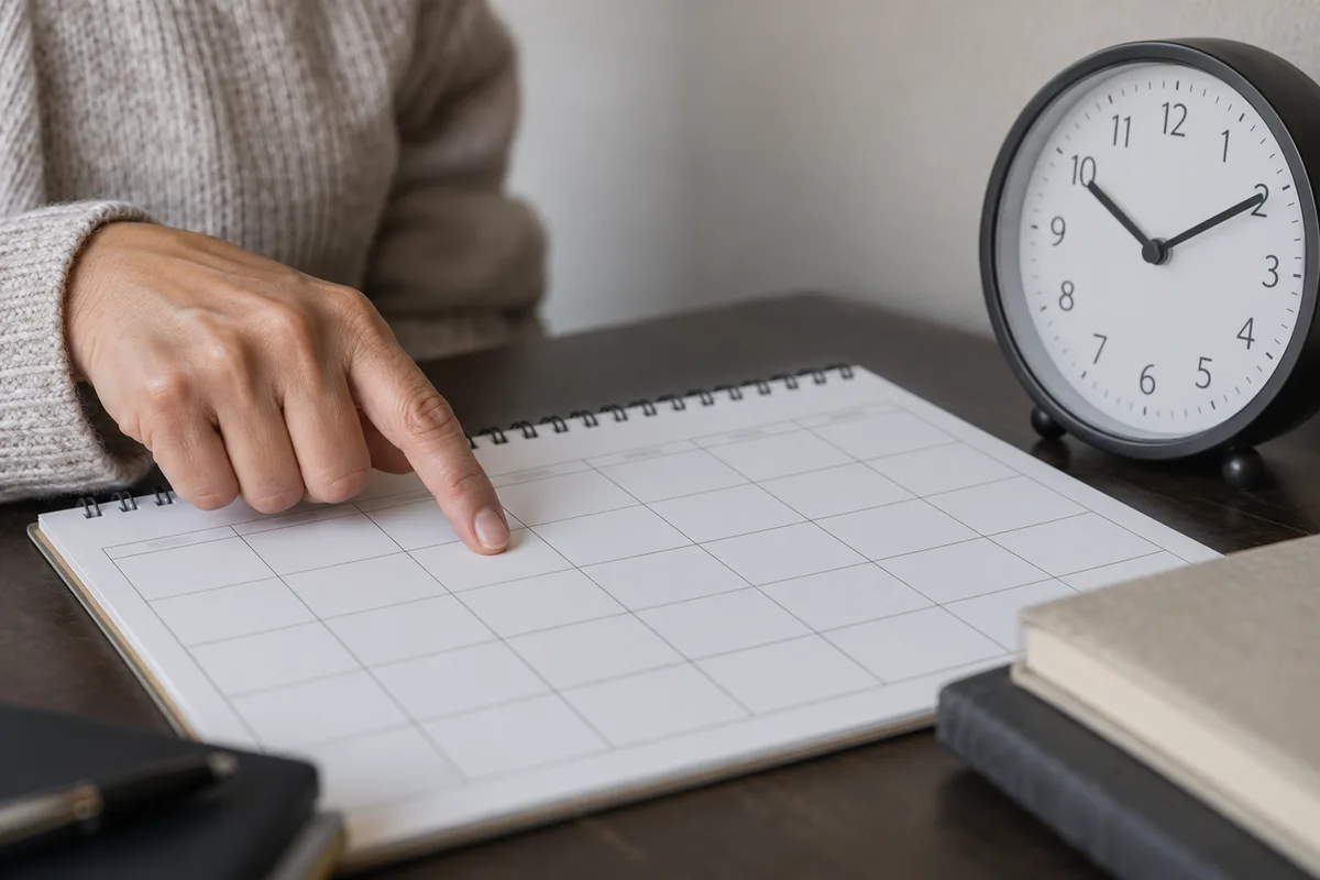 Agenda de casillas en blanco y reloj junto a una mano que señala.