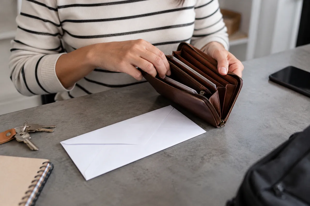 Cartera y sobre cerrado, sin tarjetas ni datos visibles.