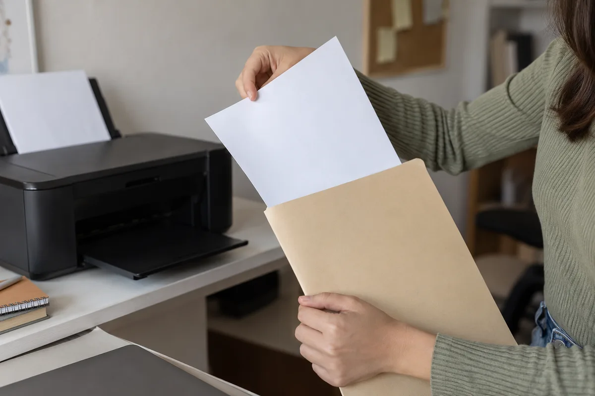 Impresora con hoja en blanco y carpeta para organizar documentos.