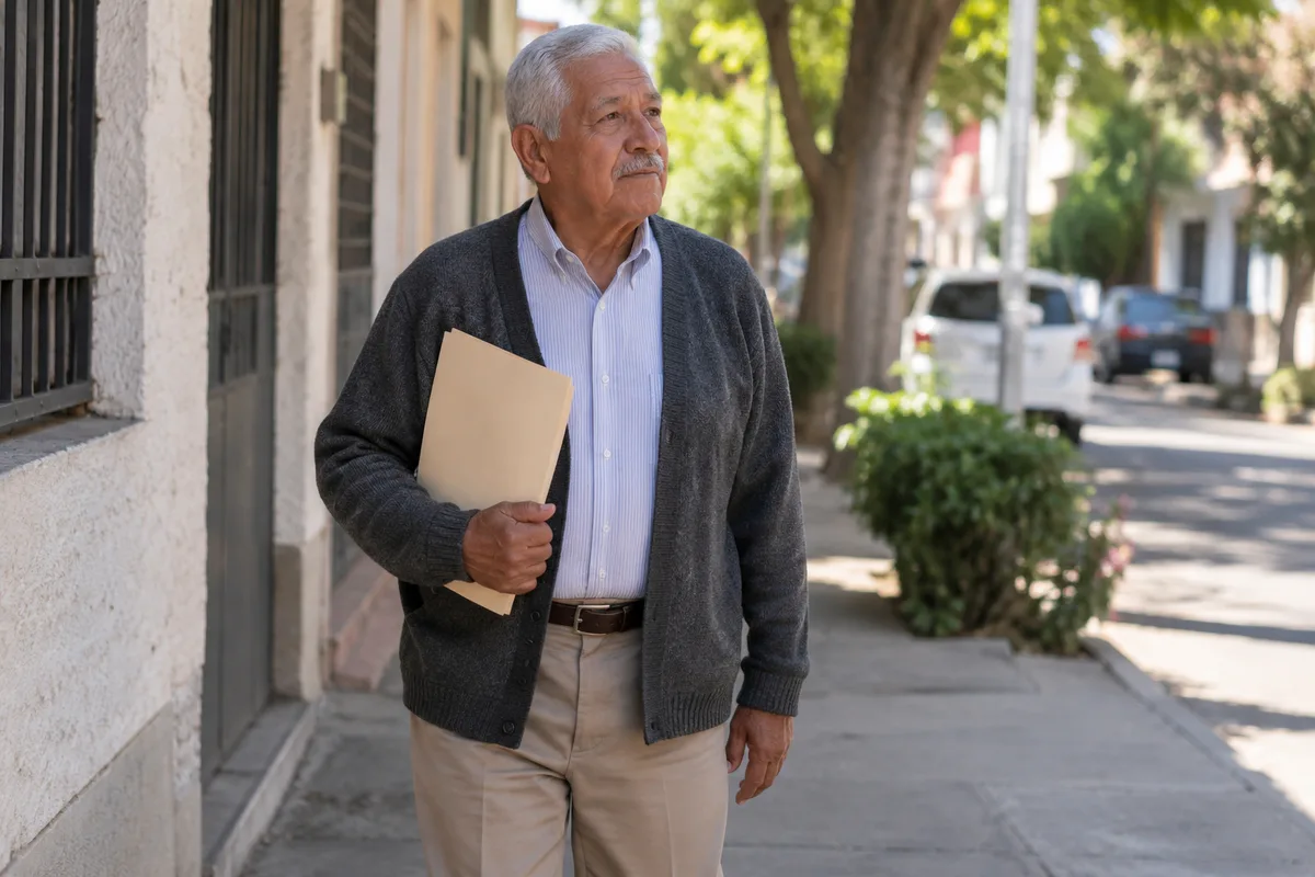 Persona mayor caminando con una carpeta cerrada por una calle.