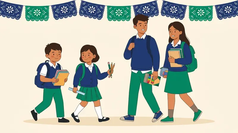 Estudiantes de primaria con su uniforme y sus útiles escolares