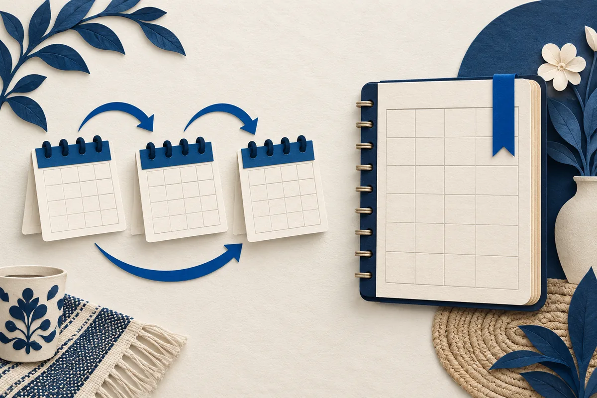 Ilustración que compara calendarios recurrentes con un apoyo anual.