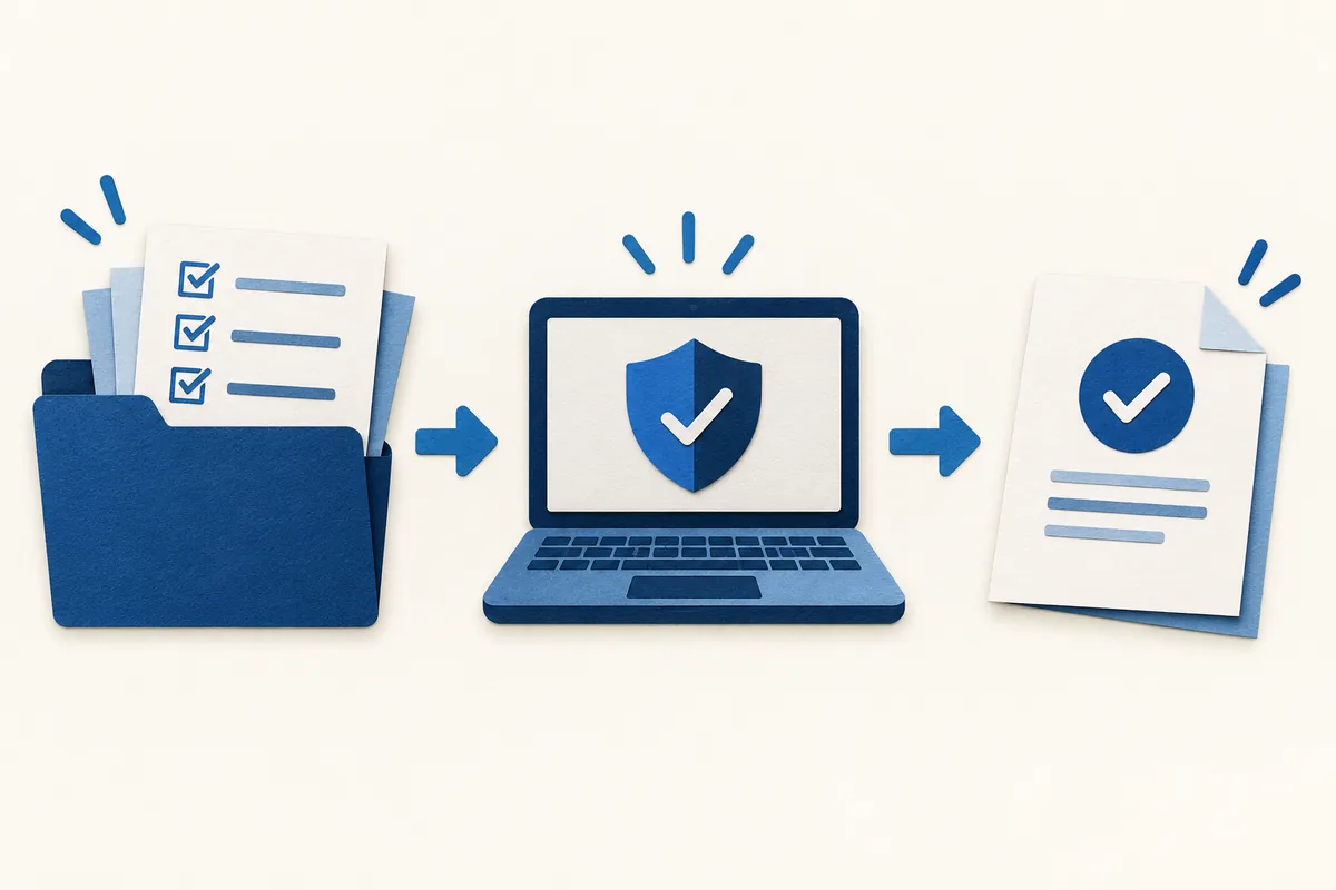 Diagrama conceptual: preparar documentos, verificar el portal y conservar la confirmación.