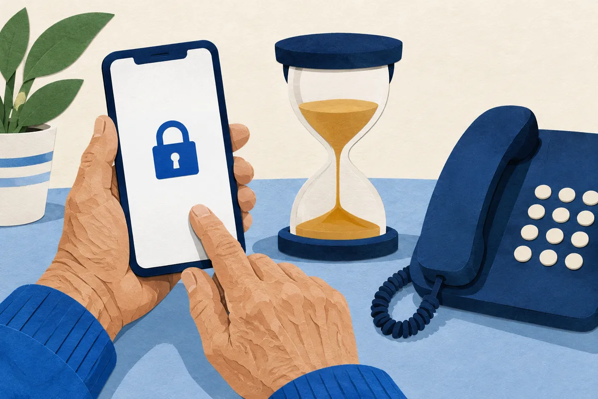 Ilustración: celular con un candado, un reloj de arena y un teléfono para llamar al banco.