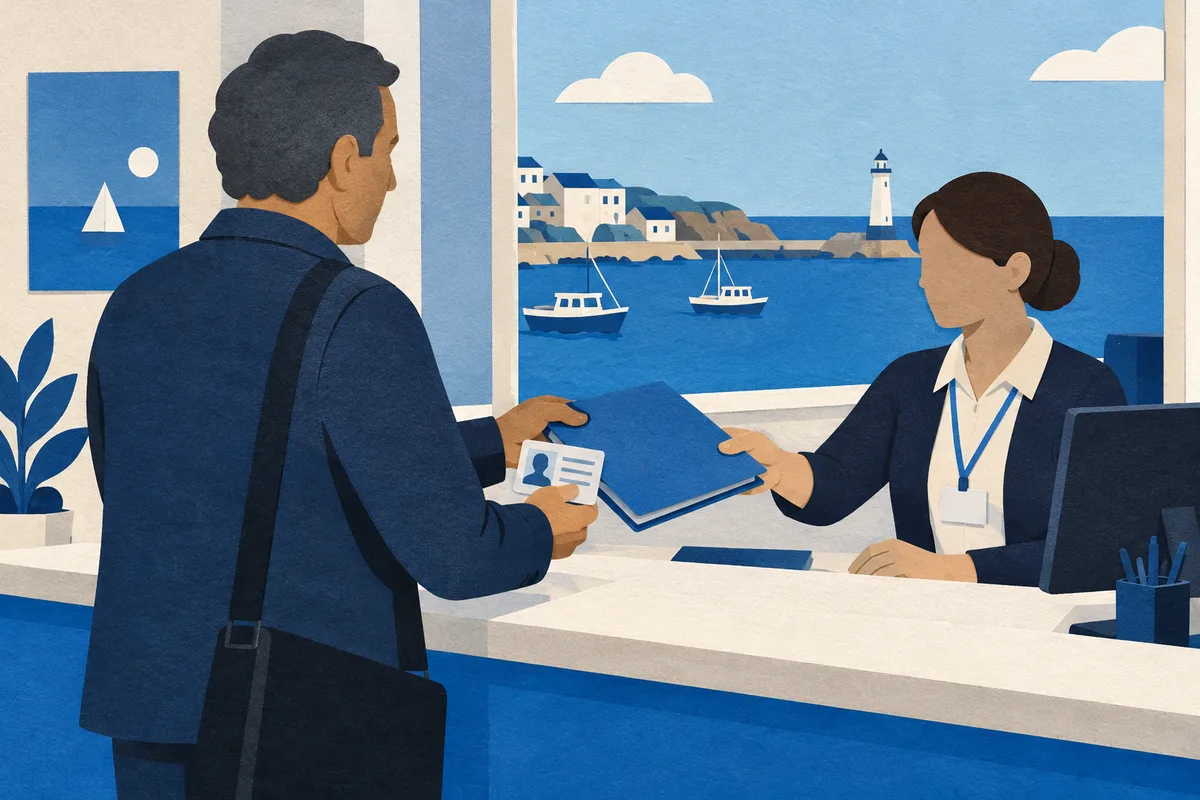 Ilustración: ilustración de una ventanilla de oficina costera con una persona entregando una carpeta y una credencial genérica