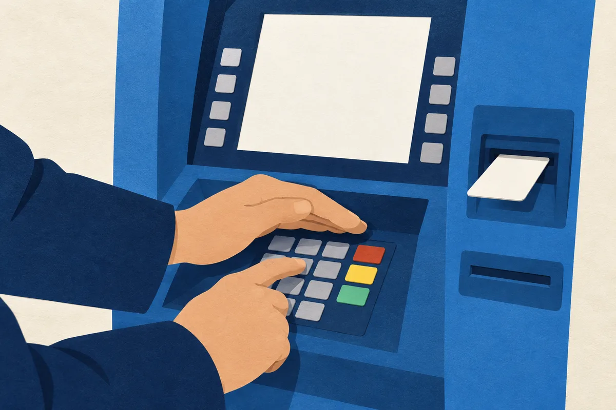 Ilustración: persona tapando el teclado de un cajero mientras escribe su NIP.
