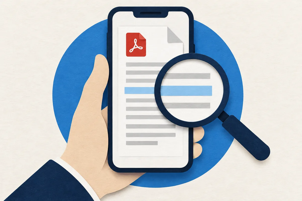 Ilustración: ilustración de un celular mostrando un documento PDF genérico con una lupa sobre una fila resaltada