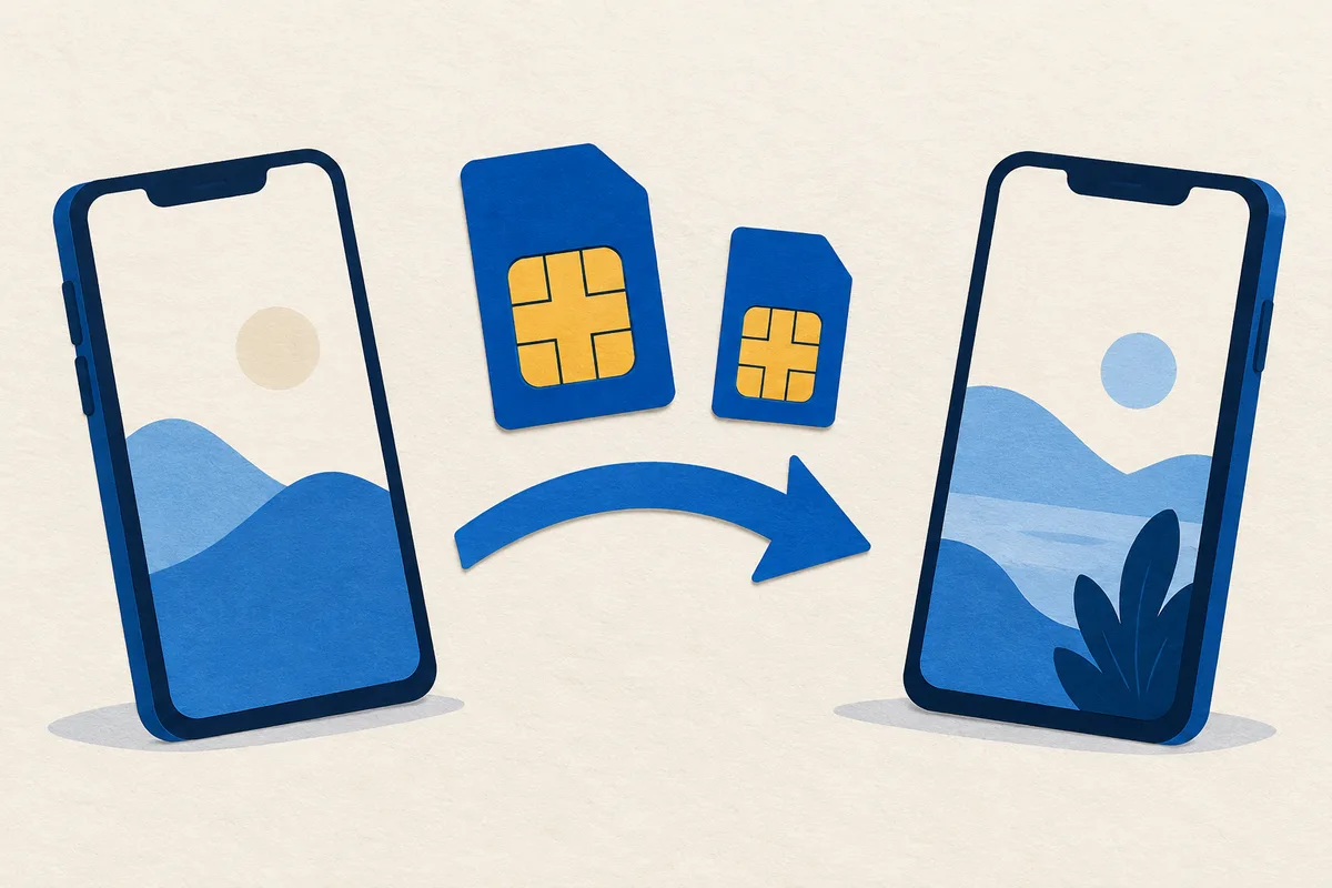 Ilustración: ilustración de dos tarjetas SIM genéricas y una flecha entre dos celulares