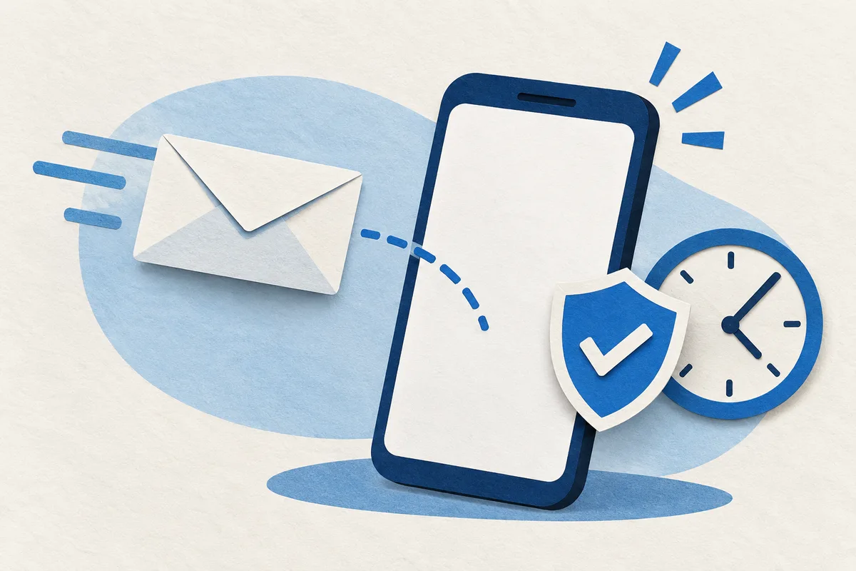 Ilustración: celular esperando un mensaje con un sobre, un escudo de verificación y un reloj.