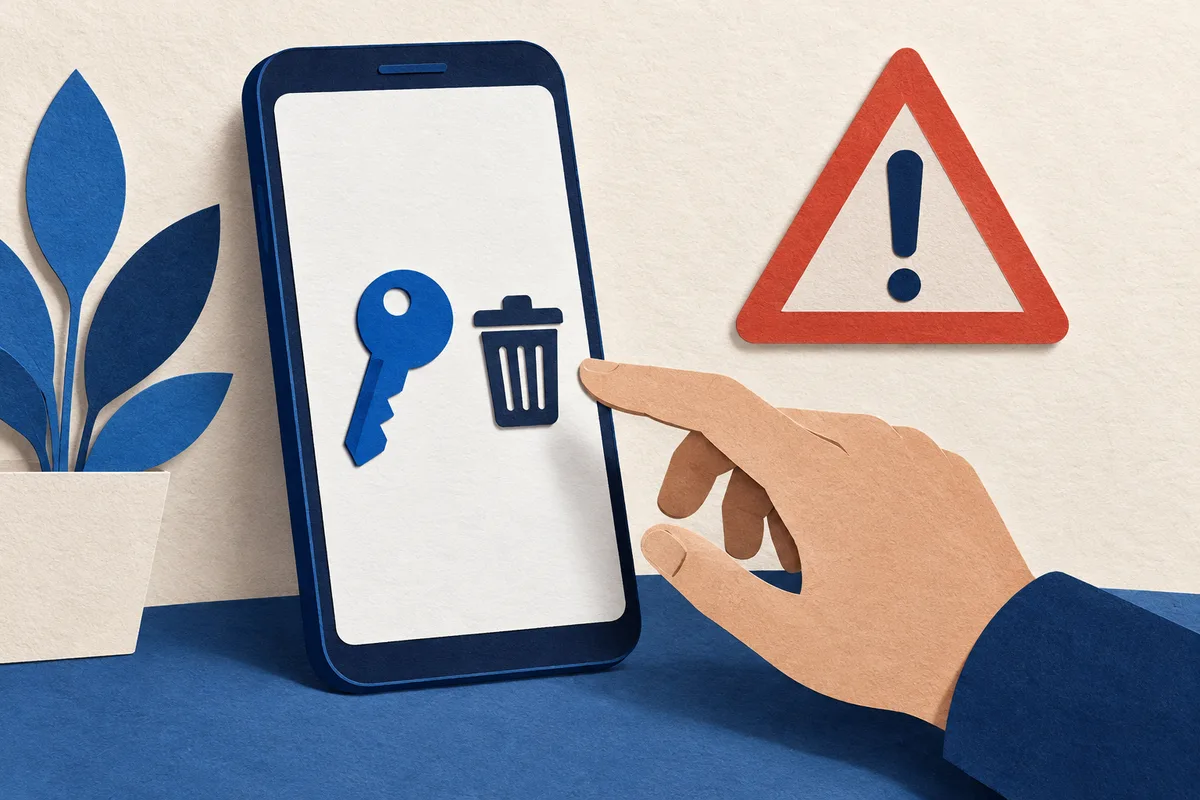 Ilustración: celular con una llave y un bote de basura, y un triángulo de advertencia.