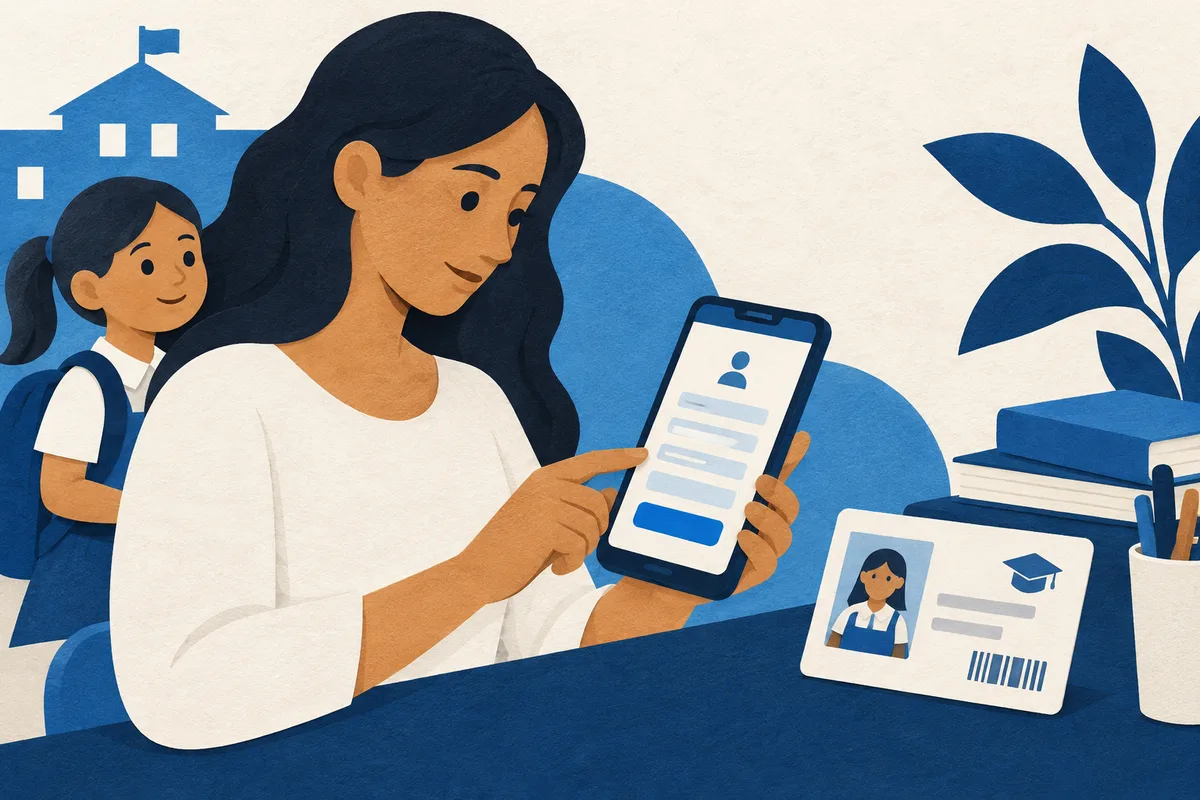 Ilustración: ilustración de una madre llenando un formulario en el celular con una credencial escolar genérica al lado