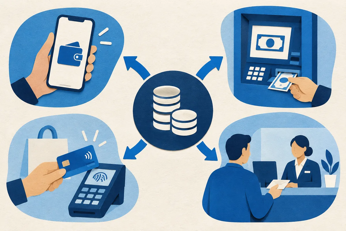 Ilustración: diagrama simple de cuatro caminos para usar el dinero (app