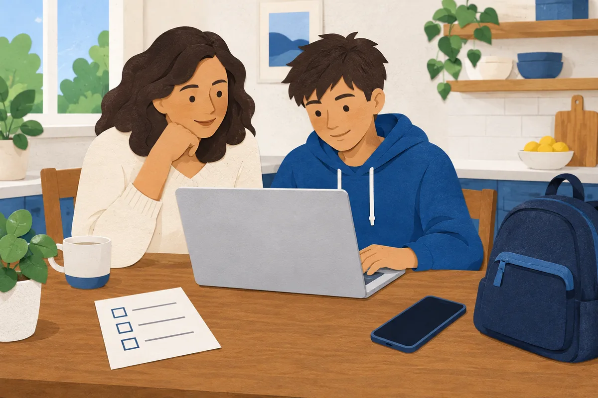 Ilustración: madre e hijo preparan un registro en línea con laptop, lista de pasos y mochila.