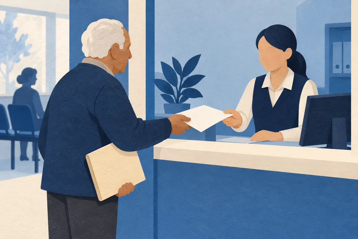Ilustración: ilustración de una ventanilla de módulo con una persona mayor entregando un formato en blanco y una carpeta