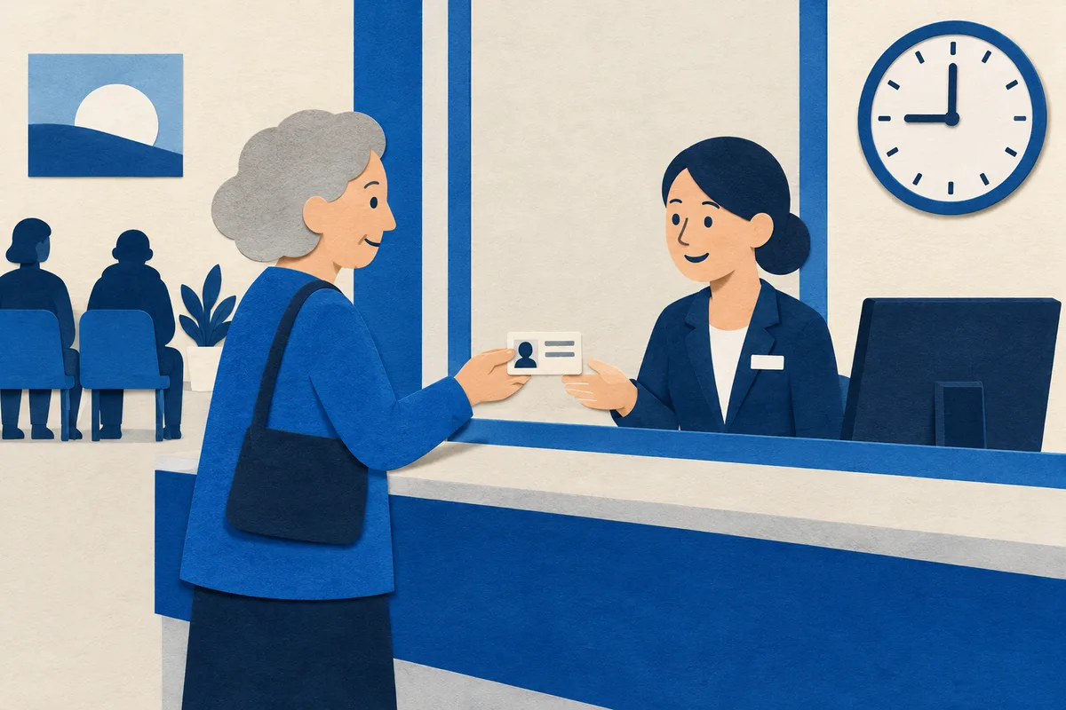 Ilustración: ilustración de una ventanilla con una persona mayor entregando una credencial genérica