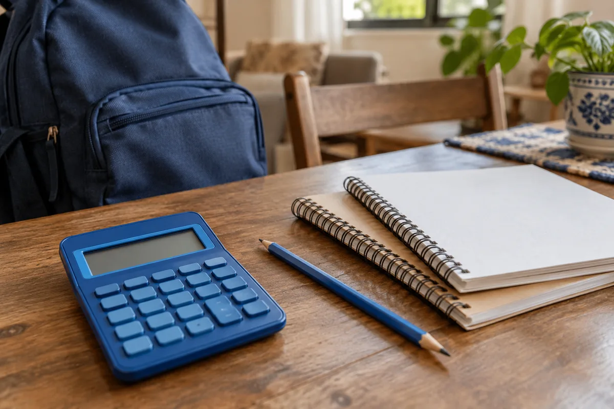 Calculadora azul junto a cuadernos y una mochila escolar sobre una mesa.