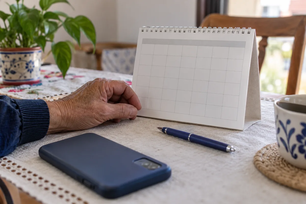 Calendario de escritorio, bolígrafo y mano de una persona mayor en una mesa.