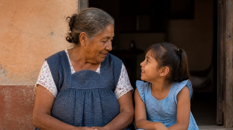 Una abuela conversa con su nieta en la entrada de su casa