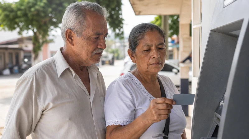Una pareja de adultos mayores usa un cajero automático con su tarjeta