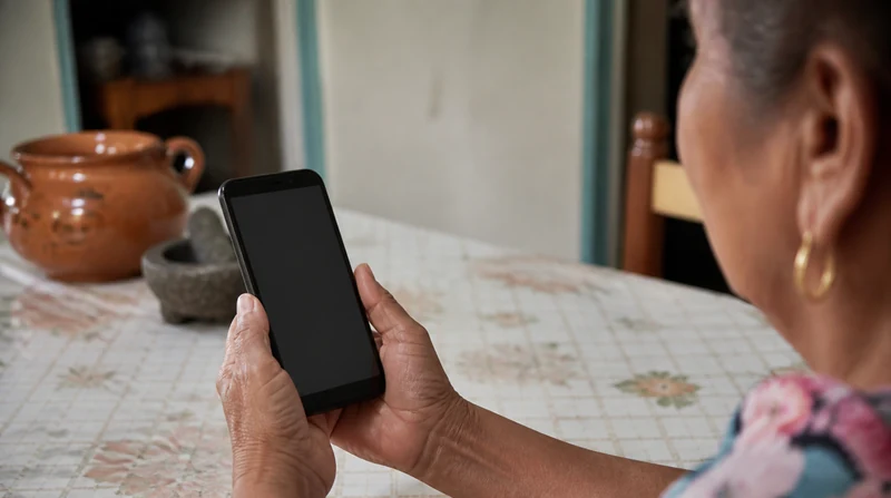 Una señora consulta su saldo desde el celular en casa