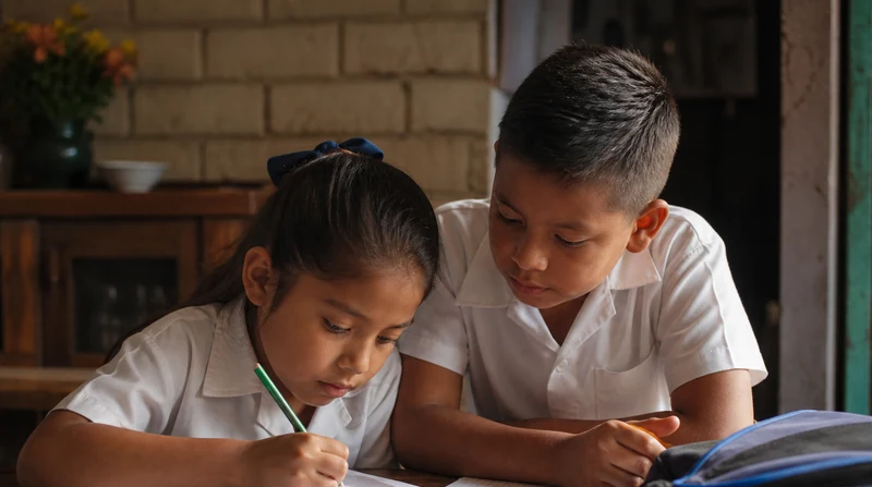 Dos estudiantes de primaria hacen la tarea con sus útiles escolares