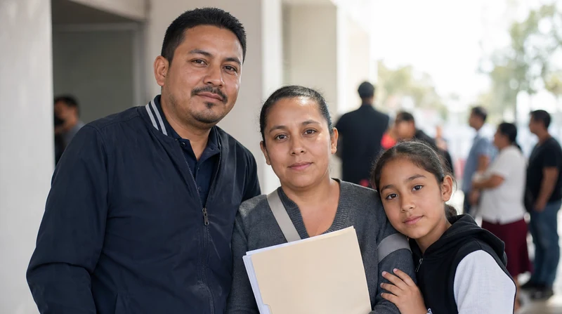 Una familia espera con su carpeta de documentos para hacer un trámite