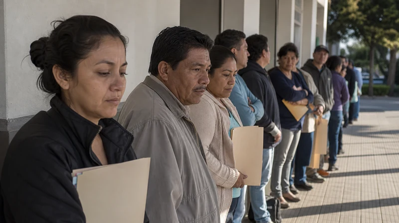 Personas haciendo fila por la mañana afuera de un módulo de atención