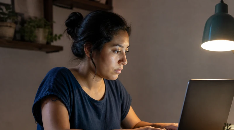 Una joven llena un formulario de registro en su computadora
