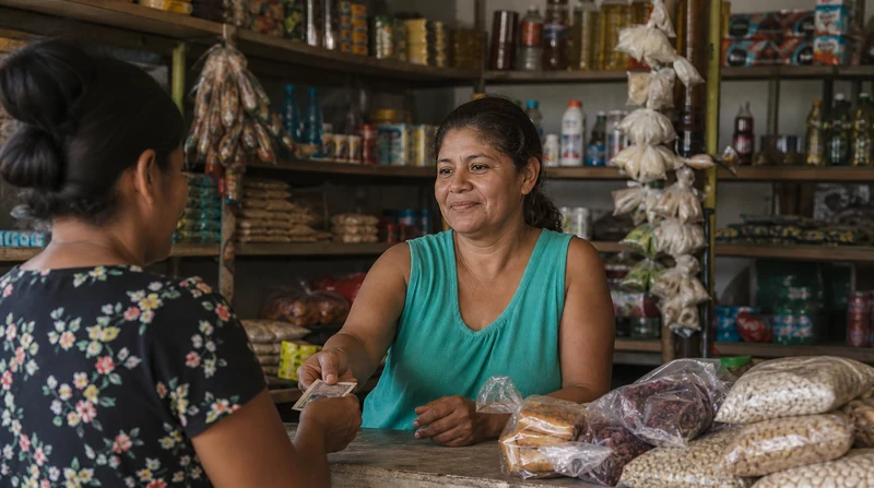 Mostrador de una tienda de barrio durante una compra