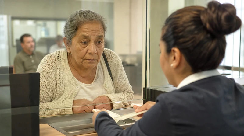 Una señora es atendida en la ventanilla de una sucursal bancaria